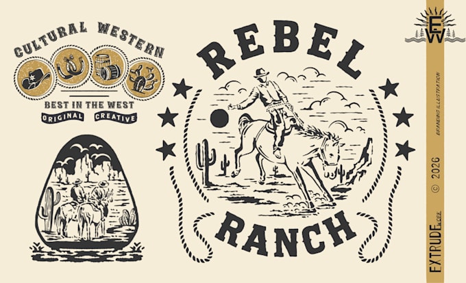 draw vintage handdrawn western cowboy for logo and tshirt