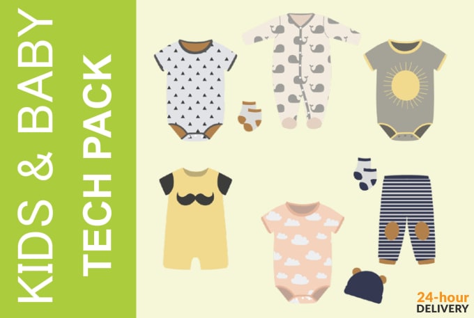Do children and baby clothing flat sketch and tech packs by
