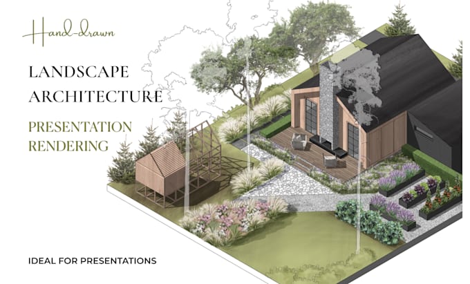 create a hand drawn  landscape architectural sketch illustration