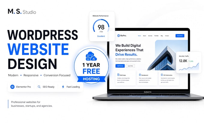 design a modern wordpress website using elementor pro with free hosting