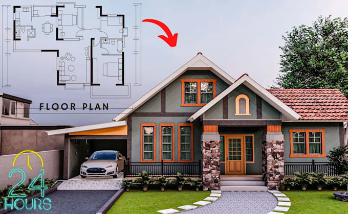 convert floor plan to exterior, interior 3d model and render