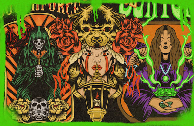 make illustration in hand drawn dark retro and pop art style