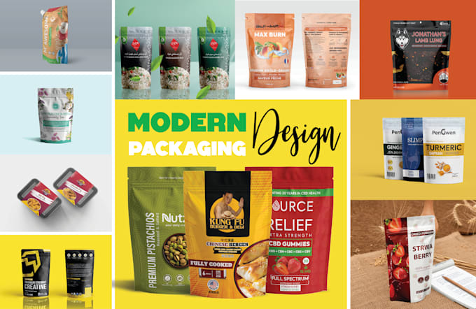 do a modern product packaging, pouch design, food packaging, and box design
