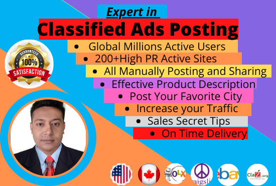 I will post your ads on 60 classified high PR sites over the world