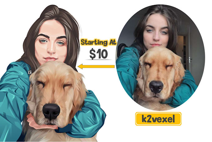 draw family, couple, pet with owner vector cartoon illustration from photo
