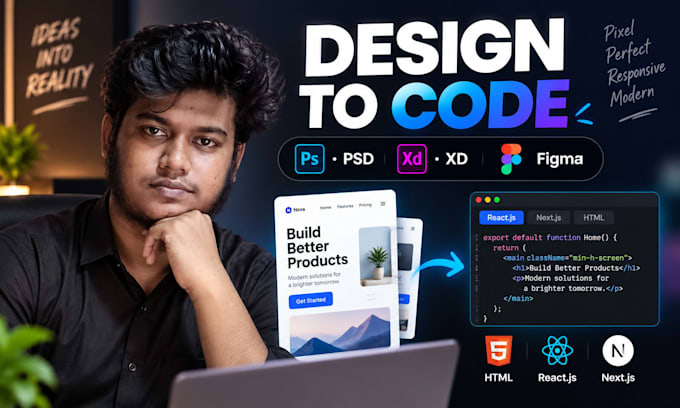 convert PSD, xd, figma to responsive HTML, reactjs or nextjs