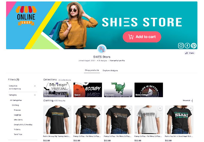 set up merch store with 30 designs