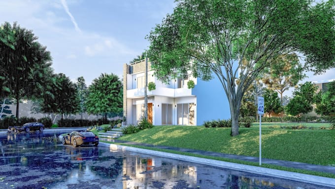 render architectural 3d house and exterior landscapes