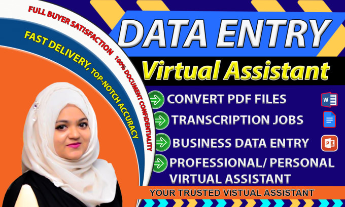 do data entry, typing, virtual assistant, convert pdf file, transcription job