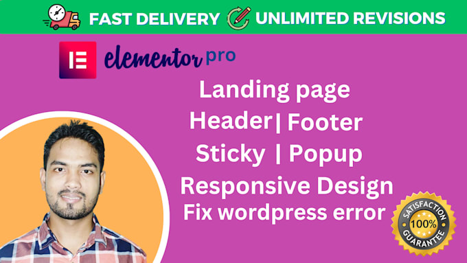 design and fix elementor landing page, header and footer