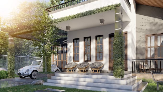 design house exterior model, visualization, 3d rendering, walkthrough