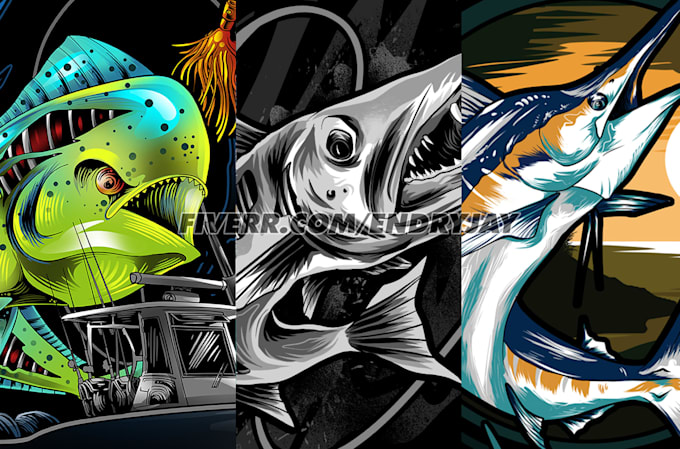 draw fish boat and outdoor t shirt illustration