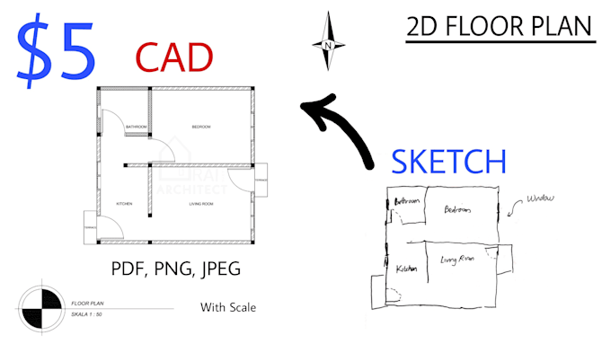 redraw a 2d floor plans in autocad and sketch up from PDF or sketch