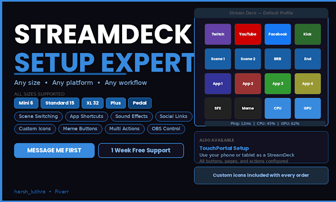 set up your streamdeck with custom buttons, scenes and hotkeys