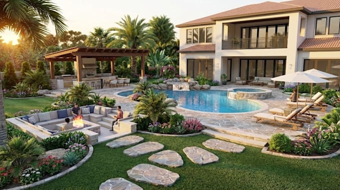 design your garden, pool, backyard landscape, deck and patio