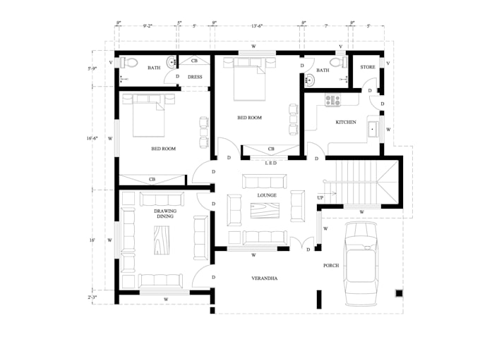 draw 2d house plan, floor plan, elevation, section on autocad