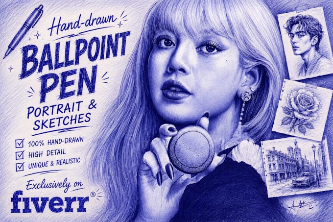 draw realistic ballpoint pen sketch or portrait by hand