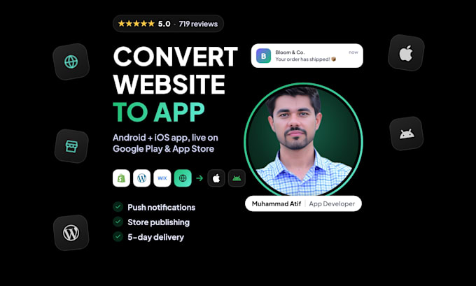 convert website to app, shopify or wordpress to android and ios app