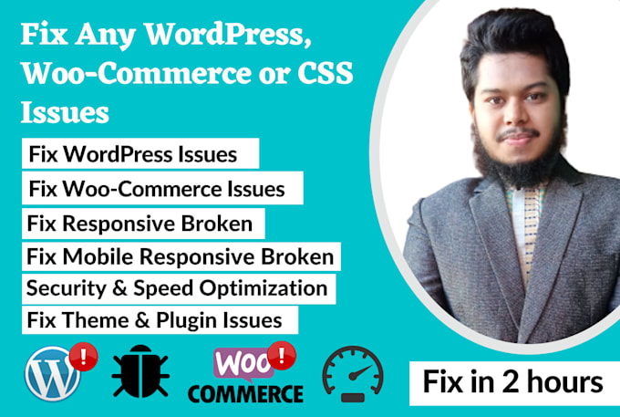 fix wordpress issues or bugs, woocommerce errors or CSS problems within 2h