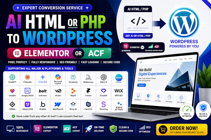 convert ai HTML or PHP website to wordpress elementor acf