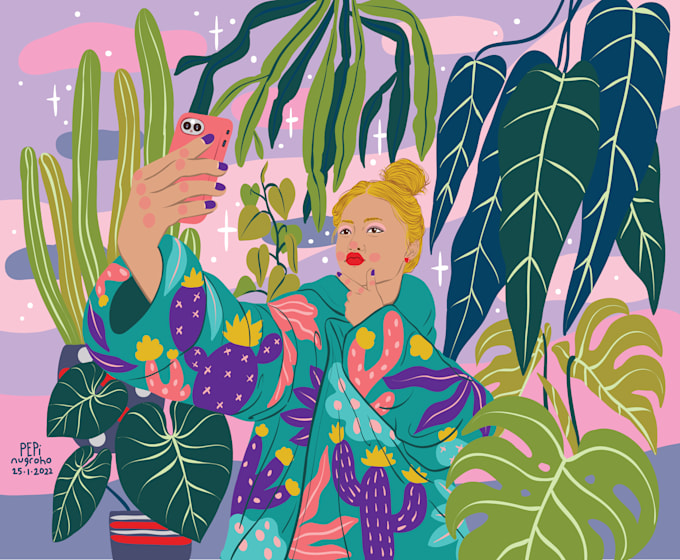 illustrate you and plants, colorful, flat art, pop art