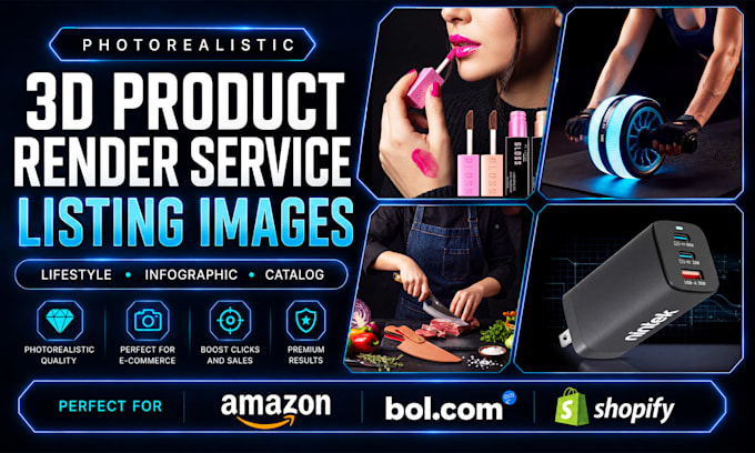 do photorealistic 3d product render and listing for amazon, bol com, shopify