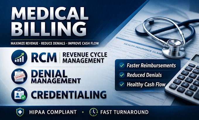 handle medical billing and rcm services including claims, deniels,credentialing