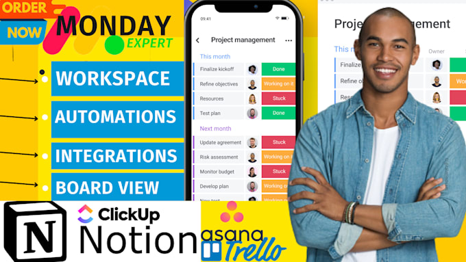 I will setup monday clickup asana trello project management system