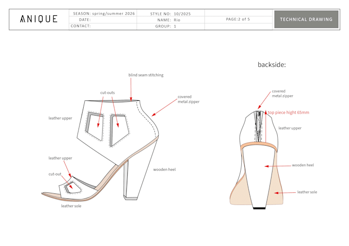 make technical sketches of your woman footwear design