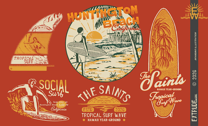 design vintage a surf, tropical, aloha for logo or tshirt