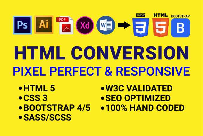 Hire a freelancer to convert psd to html, xd to html, ai to html, pdf to html