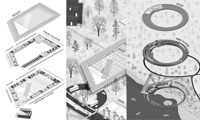 do architecture drawing, axonometric and concept diagram