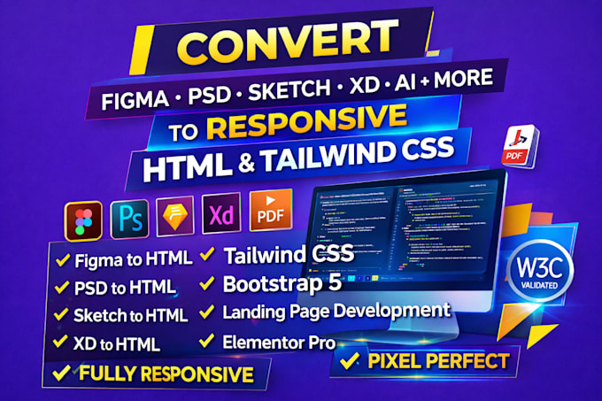 convert figma to HTML, PSD to HTML, bootstrap, or tailwind CSS responsive
