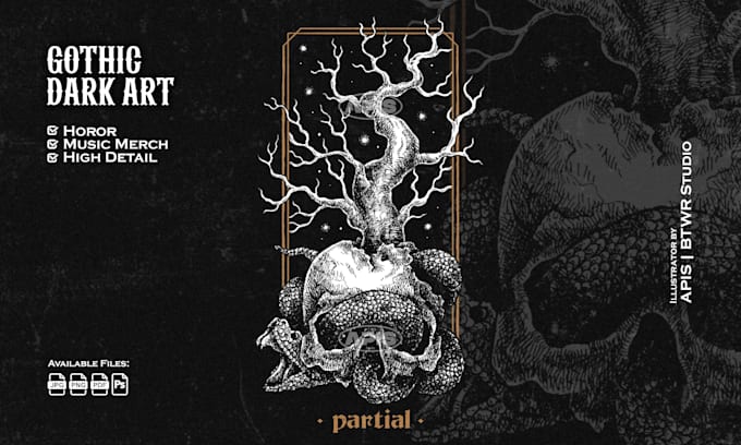 draw a detailed gothic line art and dark illustration