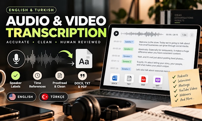 transcribe audio and video to text in english or turkish