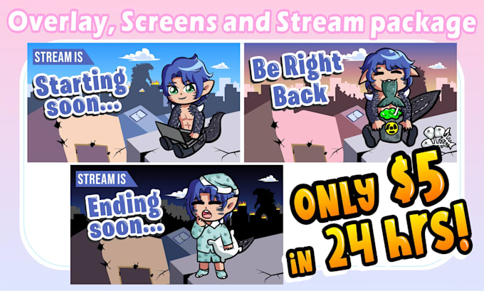 design a custom twitch stream overlay, screens and stream package