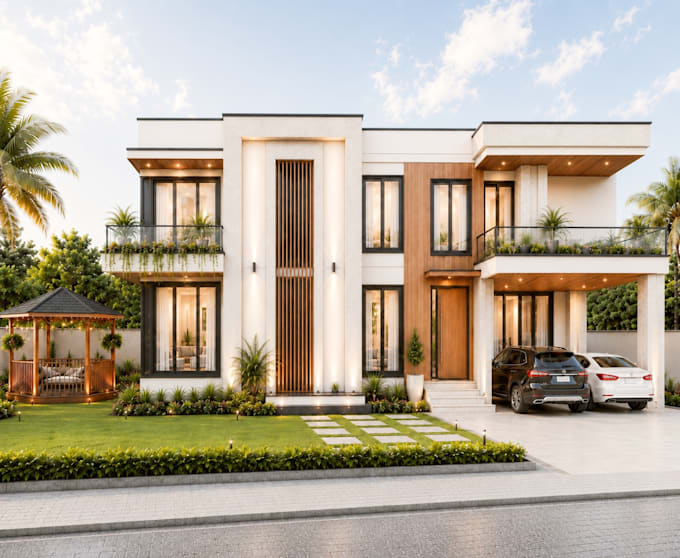 create photorealistic architectural exterior rendering for houses and villas