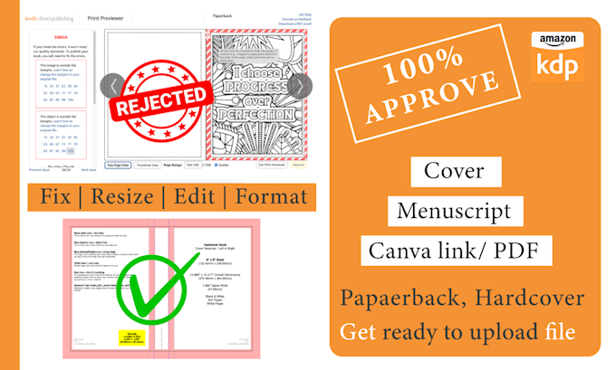 book editing, fixing rejected manuscript or book cover for amazon KDP