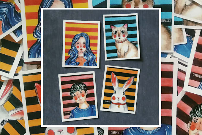 draw single portrait watercolor with stripe background