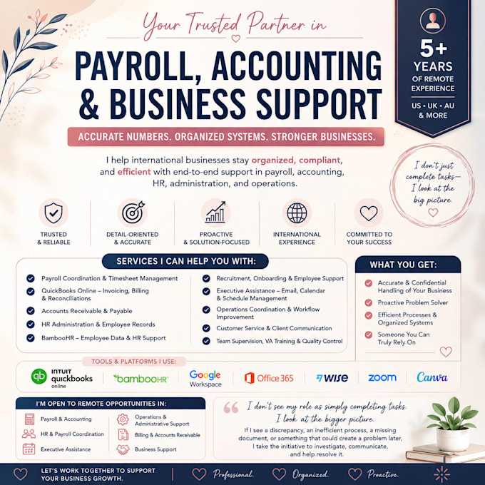 your payroll and accounting specialist or HR and operations support or eva