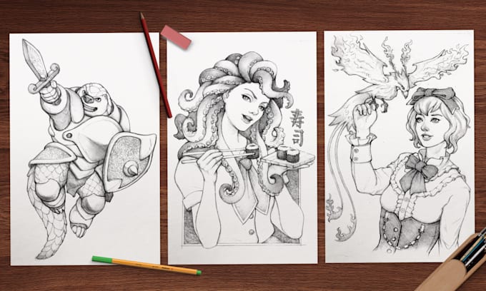 draw your characters in clean pencil sketch