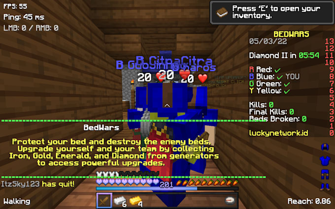 play minecraft bedwars with you in lucky network or hypixel