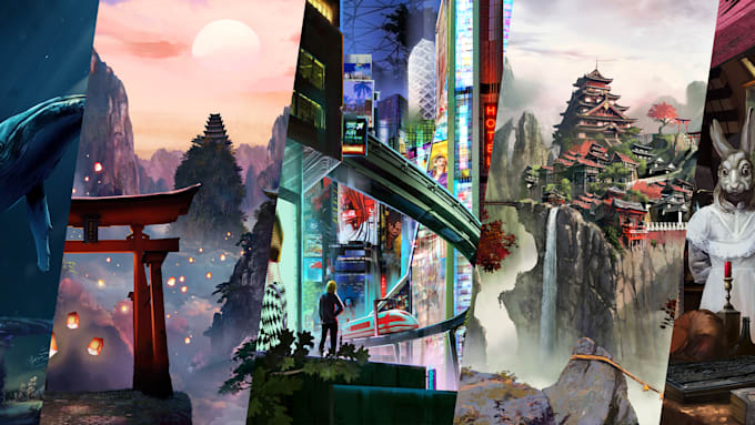 draw fantasy landscape illustration, gaming or card background