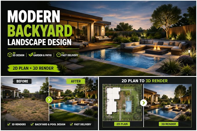 design front yard backyard patio and garden landscape with 3d rendering