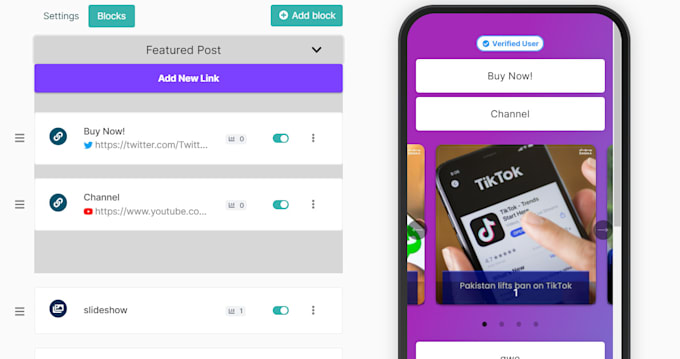 implement feature or pinned link block for biolinks phpbiolinks