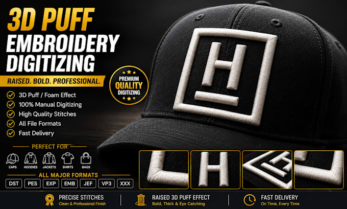 digitize 3d puff embroidery for caps and hats