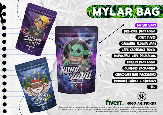 design premium cannabis mylar bag, pouch, and packaging