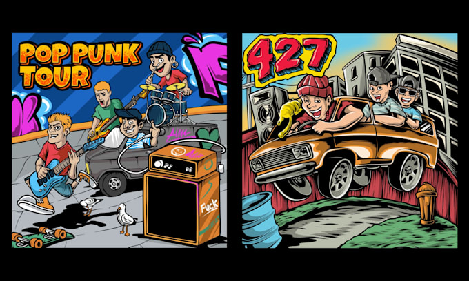 make cartoon illustration for album cover pop punk, hiphop