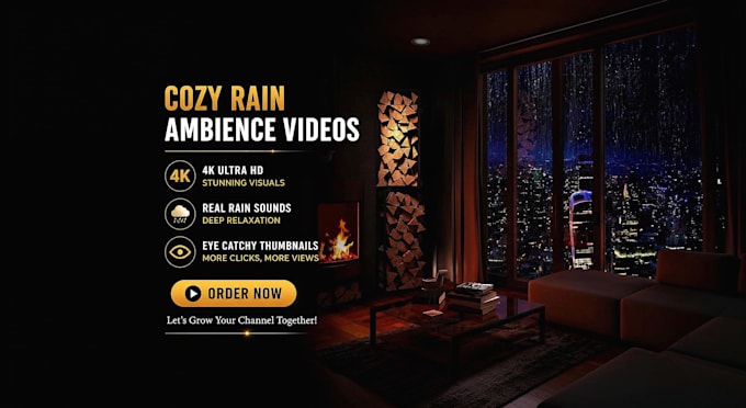 create rain video with natural sound in a cozy room