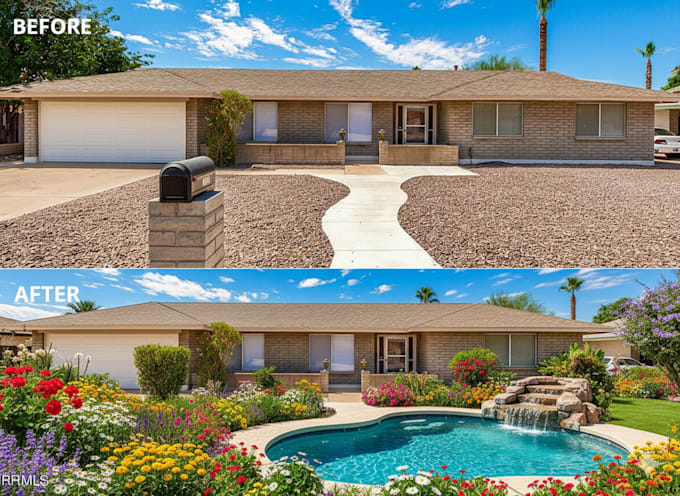 design and decorate your home garden with flowers, pathways, and pool features